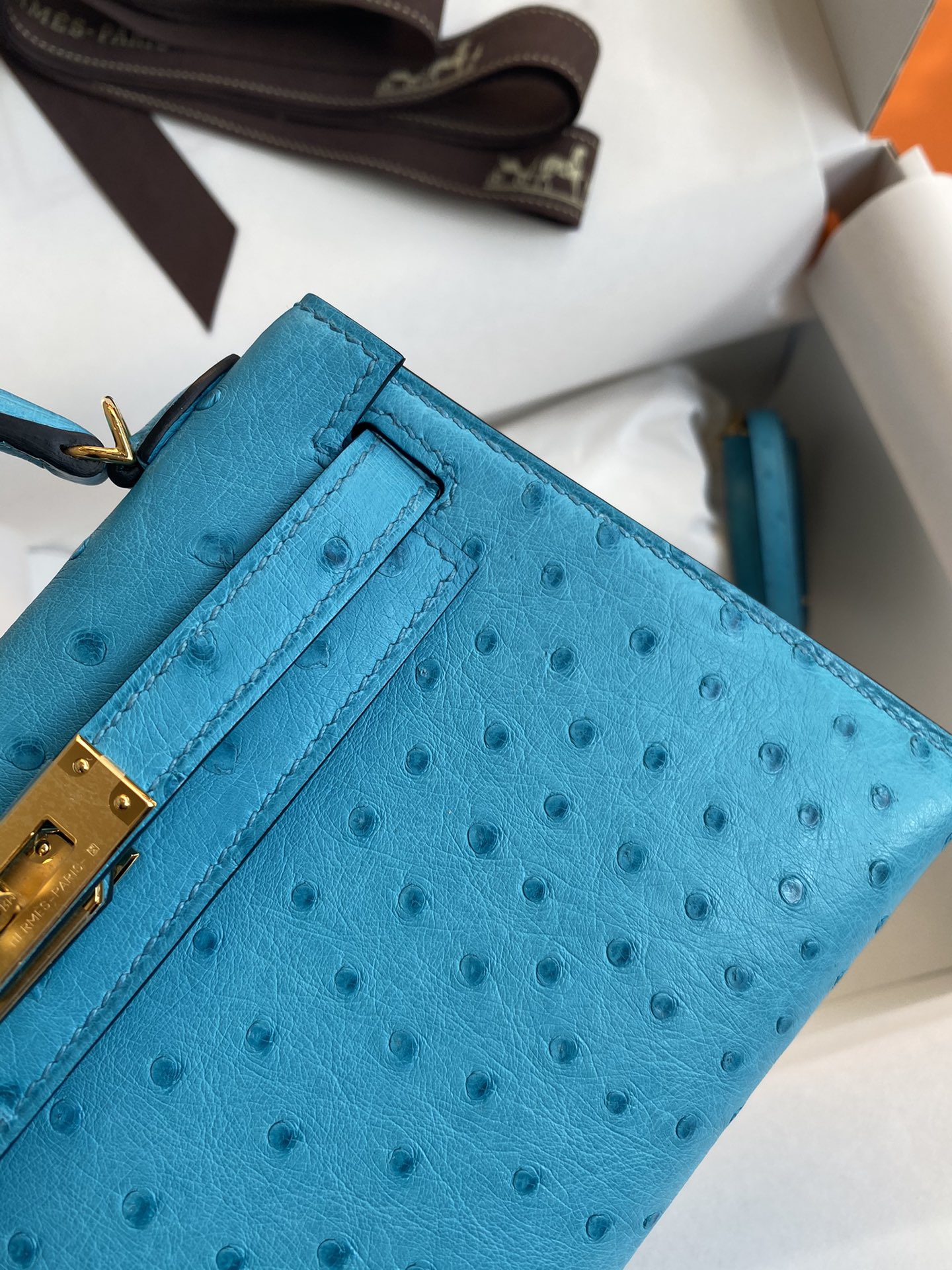 Hermes Kelly Mini II Bag 19CM In Blue Lagon Ostrich Leather